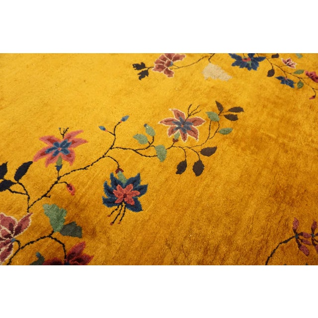 1920s Yellow Minimalist Floral Antique Chinese Art Deco Carpet 9' X 11'6" Handknotted Wool Rug For Sale - Image 10 of 13