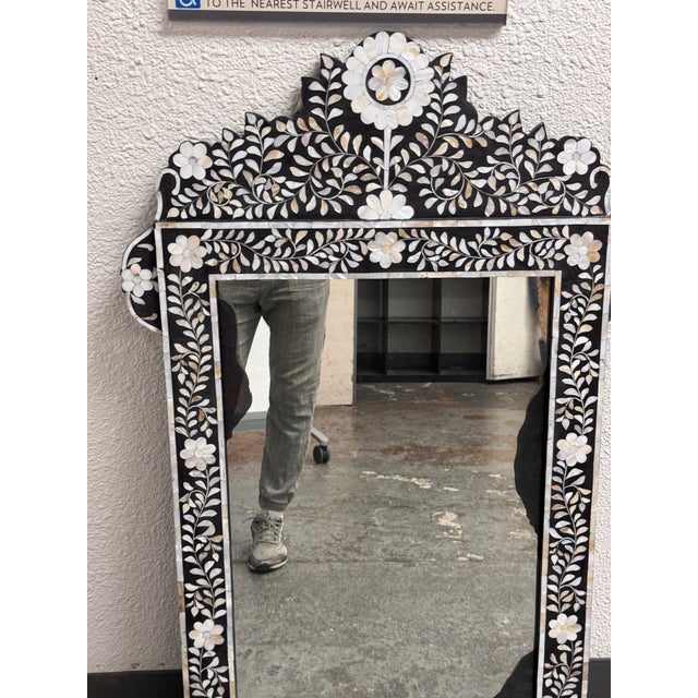 Black Moroccan Style Mother-of-Pearl Inlaid Floral Wall Mirror For Sale - Image 8 of 12
