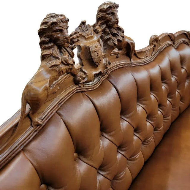 Gothic Antique Italian Rococo Style Figural Tufted Sofa and Chair Parlor Set Newly Reupholstered in Leather For Sale - Image 3 of 13