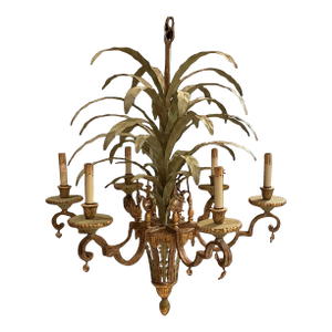 Large Currey & Co Tole Leaf Hollywood Regency Six Light Chandelier (2 Available)