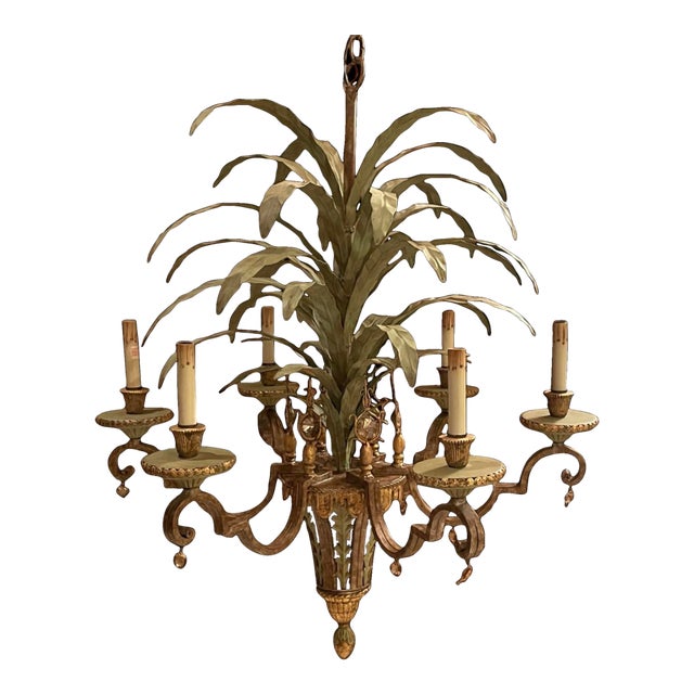 Large Currey & Co Tole Leaf Hollywood Regency Six Light Chandelier For Sale