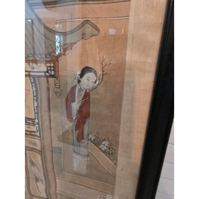 A masterfully painted chinese antique painting in a pre mid century frame ( guaranteed over 75 years old handpainted...