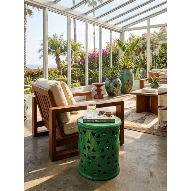Vintage Moroccan Emerald Green Pierced Ceramic Garden Stool & Lantern For Sale - Image 10 of 10