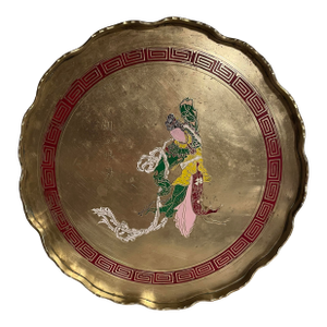 Chinese Brass and Enamel Mid Century Tray