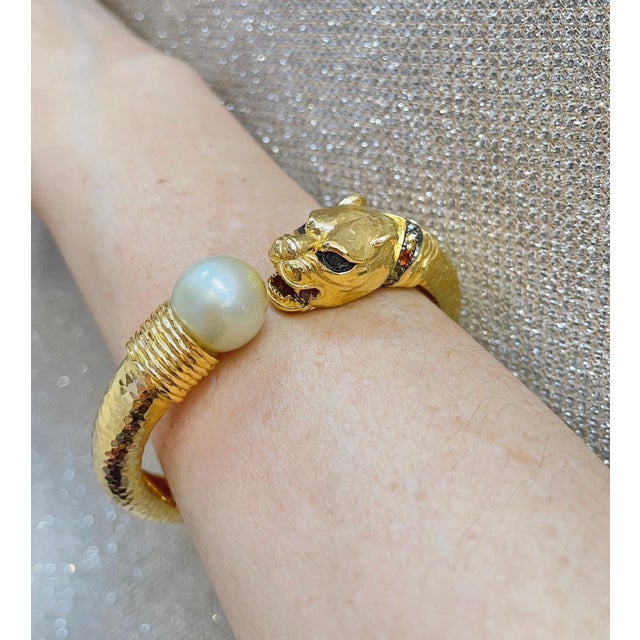 Bochic "Orient" Vintage Ruby, Pearl & Sapphire Dragon Bangle Set 18K Gold & Silver For Sale - Image 4 of 7