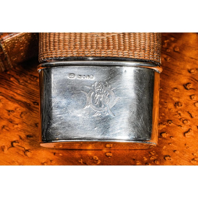 Charming Antique Sterling Silver Woven Rattan Victorian Armorial Coat of Arms Hip Flask For Sale - Image 9 of 12