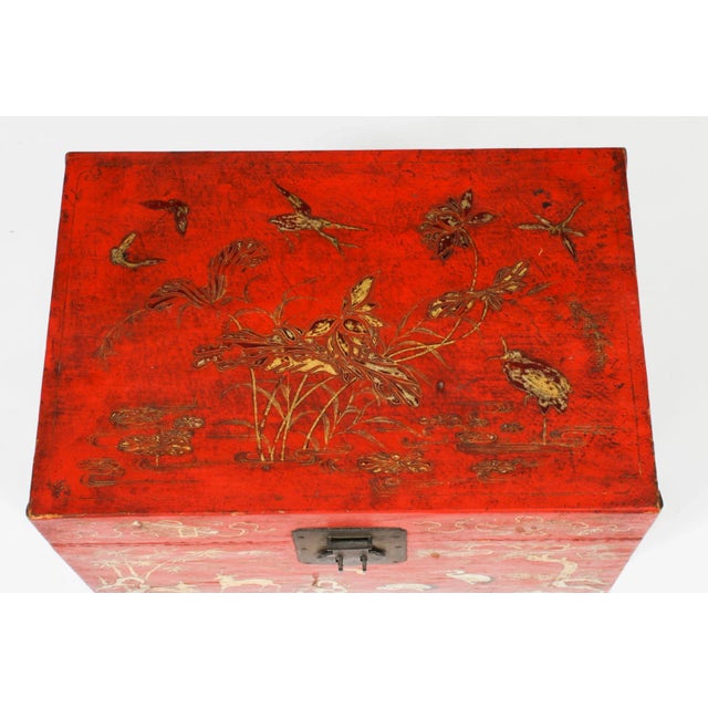 Antique Chineses Red Lacquered Leather Chinoiserie Trunks, 19th Century, Set of 2 For Sale - Image 4 of 18