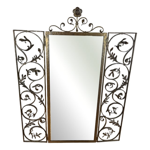 Antique Brass Wall Mirror with Ornate Hinged Doors, 1950s For Sale