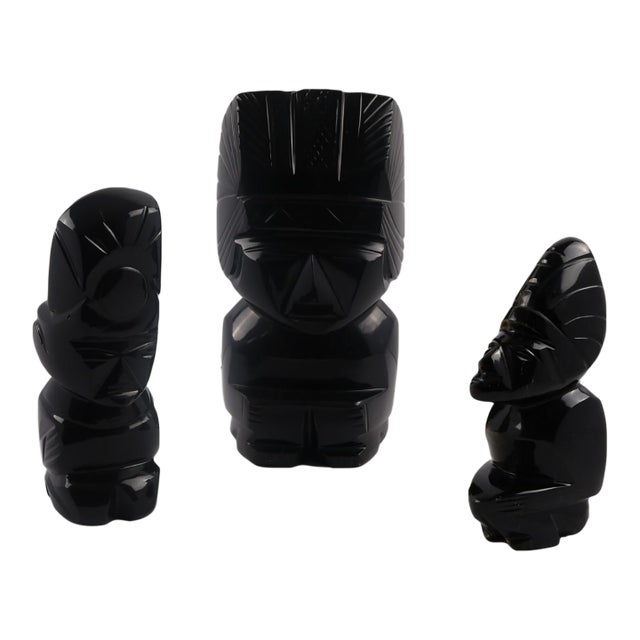 Hand-Carved Black Obsidian Figural Sculptures – Set of 3, Modernist Decorative Objects For Sale
