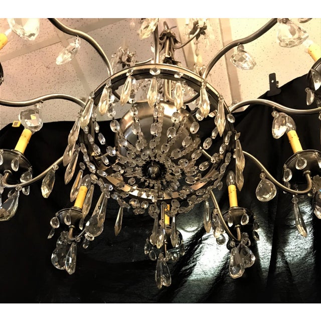 Vintage Ten Arm Nickel and Crystal Chandelier For Sale - Image 4 of 13