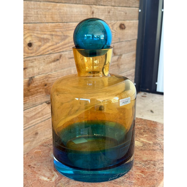 Mid-Century Modern Vintage Waterford Art Glass Decanter by Gerard Treacy – Blue & Amber Gradient For Sale - Image 3 of 11