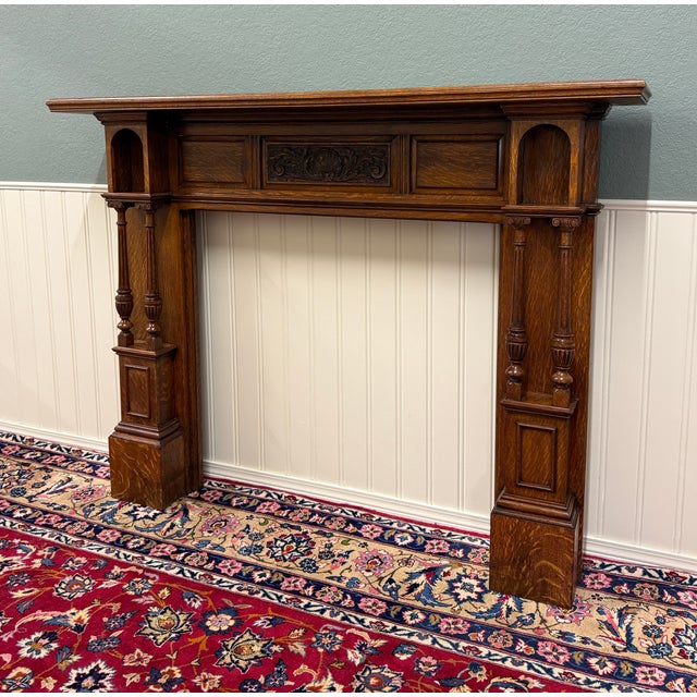 Brown Antique English Fireplace Mantel Surround Renaissance Revival Oak c.1920s-30s For Sale - Image 8 of 18
