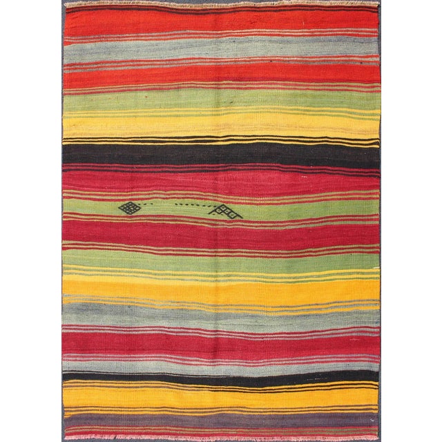Mid 20th Century Bright & Colorful Vintage Turkish Kilim Rug in Stripes Design With Vivid Colors For Sale - Image 11 of 11