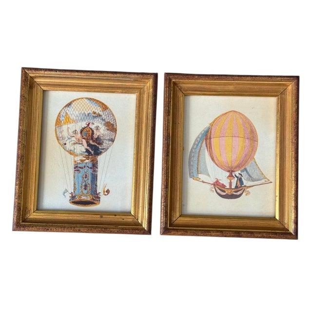 Modern prints of 18th century etchings. Print 1 "The Aero-Montgolfiere Called “Tour De Calais" 1785". Print 2 Globe Fait...