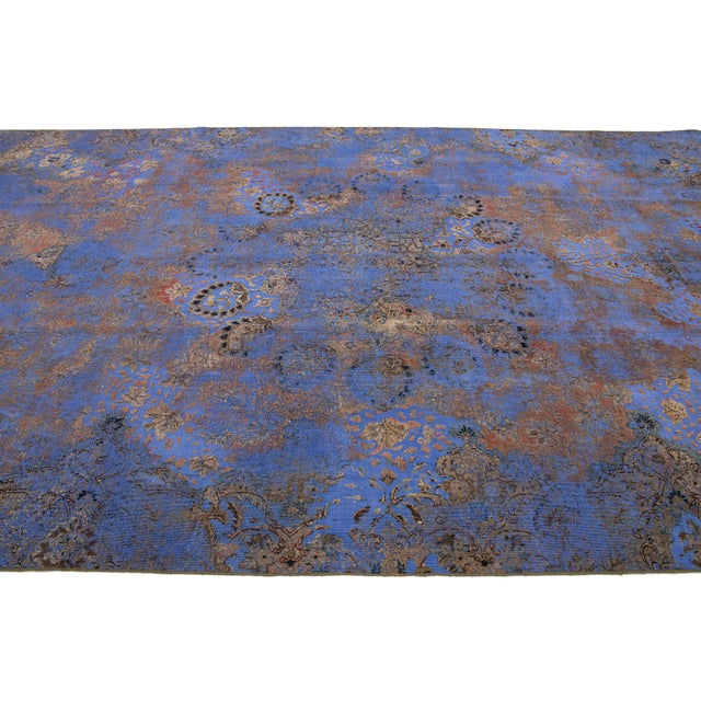 Purple Antique Persian Blue Overdyed Wool Rug With Allover Floral Pattern For Sale - Image 8 of 10