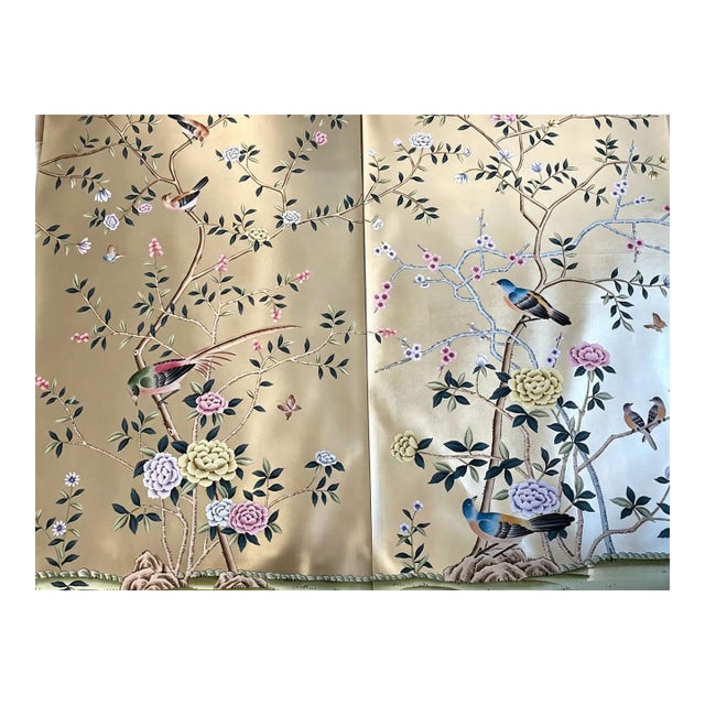 Luxury Hand Painted Champagne Silver Wallpaper With Birds & Floral Branches, Elegant Chinoiserie Botanical Wall Mural, Custom Oriental Wallcovering For Sale