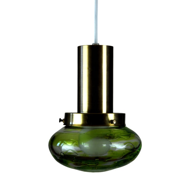 Handblown Glass & Brass Pendant Lights attributed to Paul Kedelv for Flygsfors, Sweden, 1970s, Set of 2 For Sale