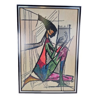 Vintage Framed Embroidered Harp Player Wall Art Tapestry, 1970s For Sale