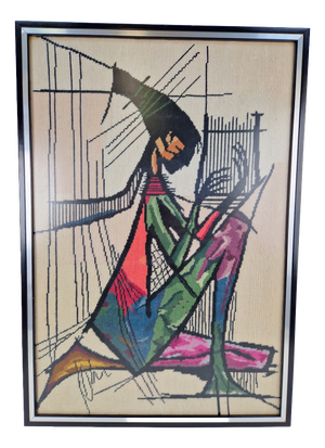 Vintage Framed Embroidered Harp Player Wall Art Tapestry, 1970s