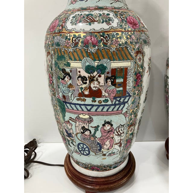 1980s Pair of 1980s Hand Painted Chinese Lamps For Sale - Image 5 of 12