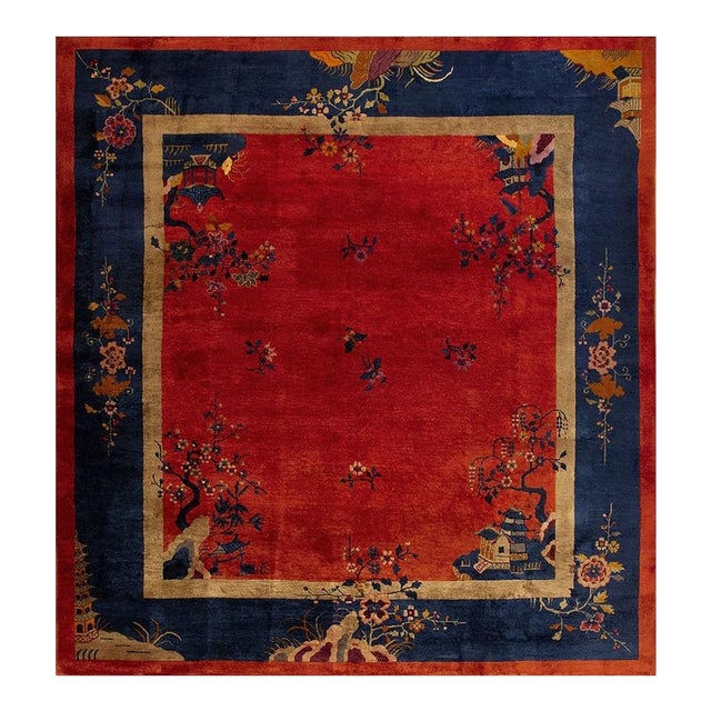 1920s Red Floral Antique Chinese Art Deco Rug 9' X 9'9'' Handknotted Wool Carpet For Sale