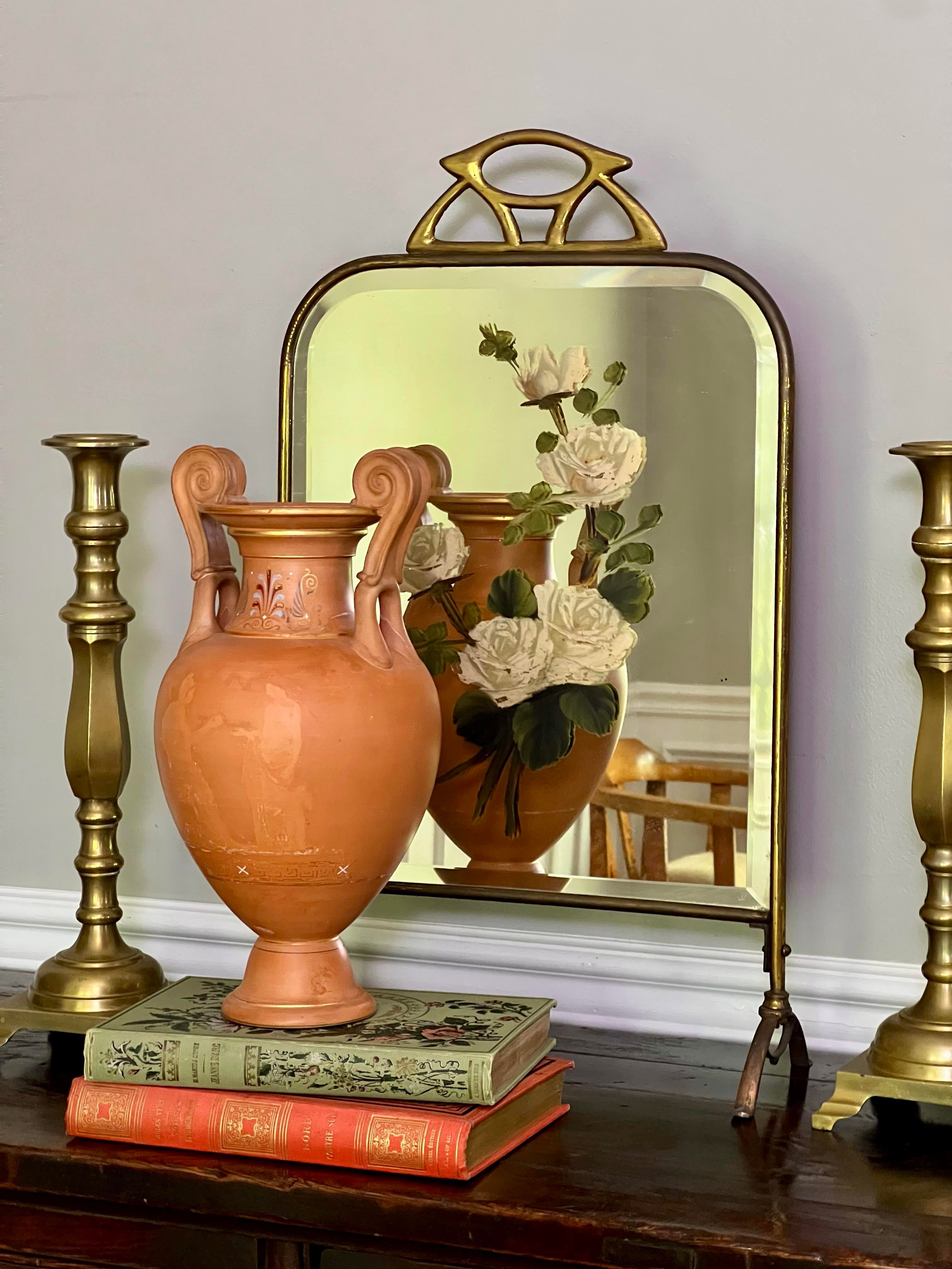 Art Deco Brass and Beveled Mirror Fire Screen With Painted Flowers
