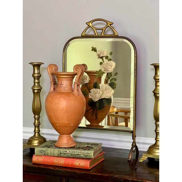 Art Deco Brass and Beveled Mirror Fire Screen With Painted Flowers, 1920s For Sale - Image 10 of 11