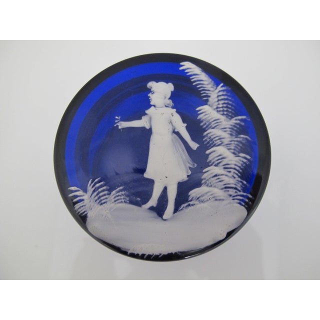 Mary Gregory Cobalt Blue Glass Enamel Painted Girl With Flower Round Trinket Box For Sale In Portland, OR - Image 6 of 14