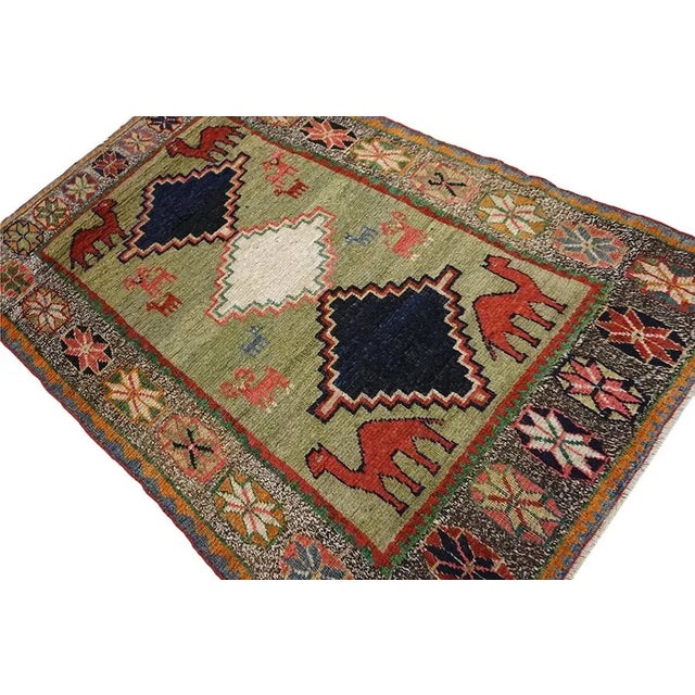 1920s Green Tribal Camel Animal Antique S. Persian Gabbeh Carpet 4' X 6'3" Knotted Wool Rug For Sale - Image 4 of 9