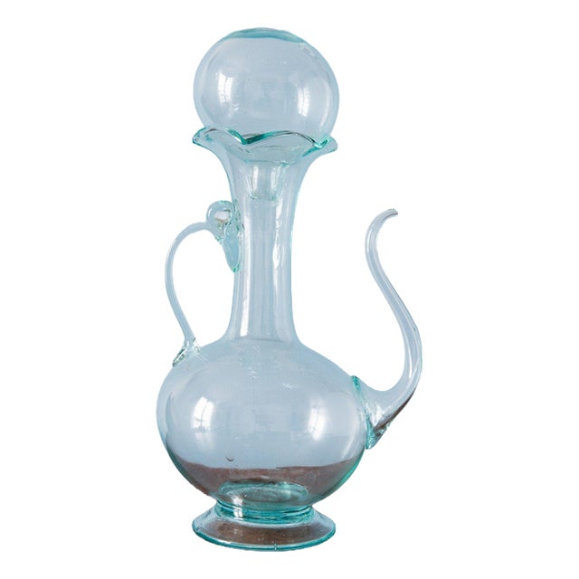 19th Century Spanish Teal Blown Glass Ewer with Stopper For Sale