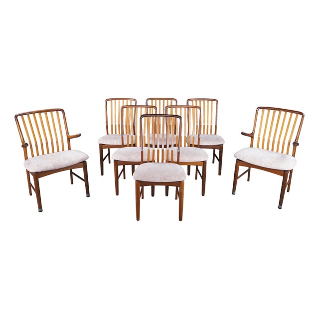 1980s Set of 8 Otmar Danish Scandinavian Modern Teak Slat Back Dining Chairs MCM For Sale
