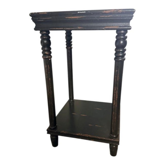 Vintage Black Distressed Wood Two-Tier Side Table With Gallery Top For Sale In Miami - Image 6 of 7