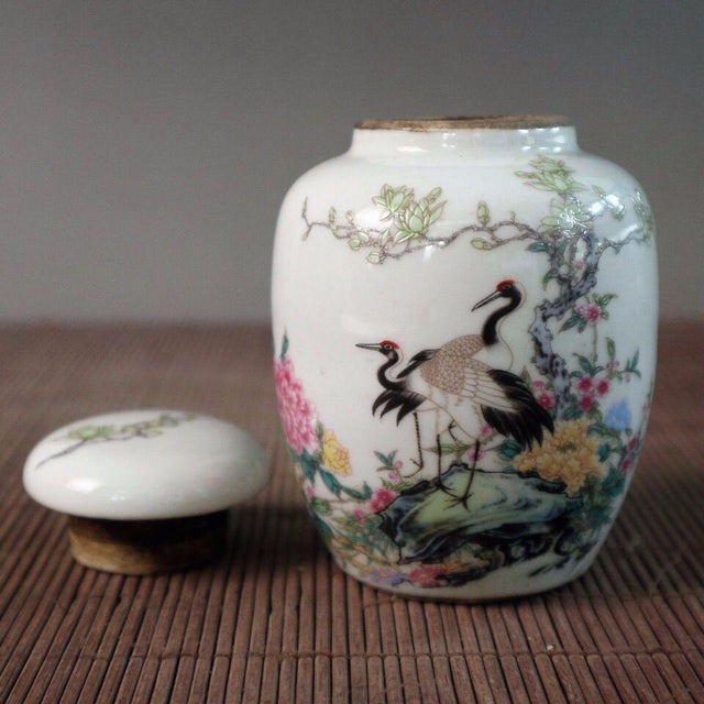 Small Chinese Famille Rose Porcelain Jar With Crane & Floral Motif, 3.7" For Sale In Los Angeles - Image 6 of 9