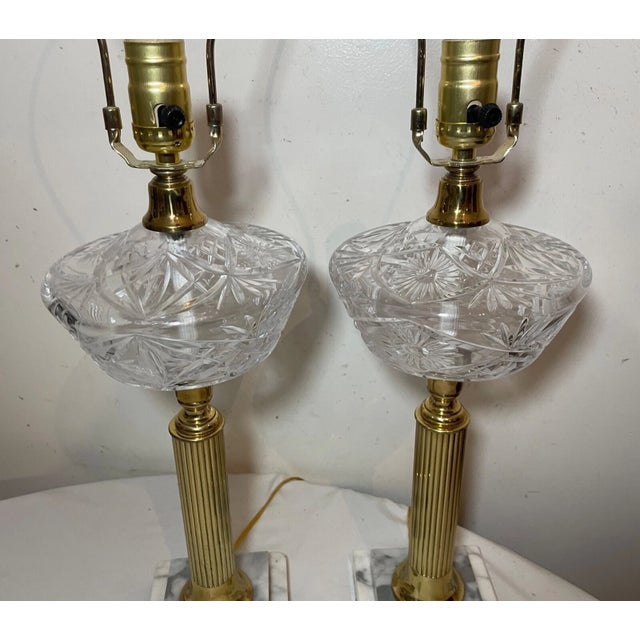 Glass Pair of Tall Vintage Brass Crystal Marble Electric Parlor Table Lamps Antique For Sale - Image 7 of 12