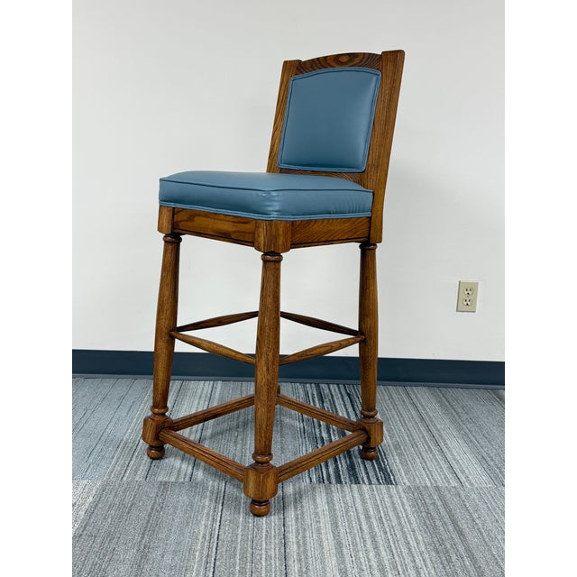 1980s Beautiful Bar Stool Oak Frame Vinyl Seat & Back ~ Set of 3 For Sale - Image 5 of 7