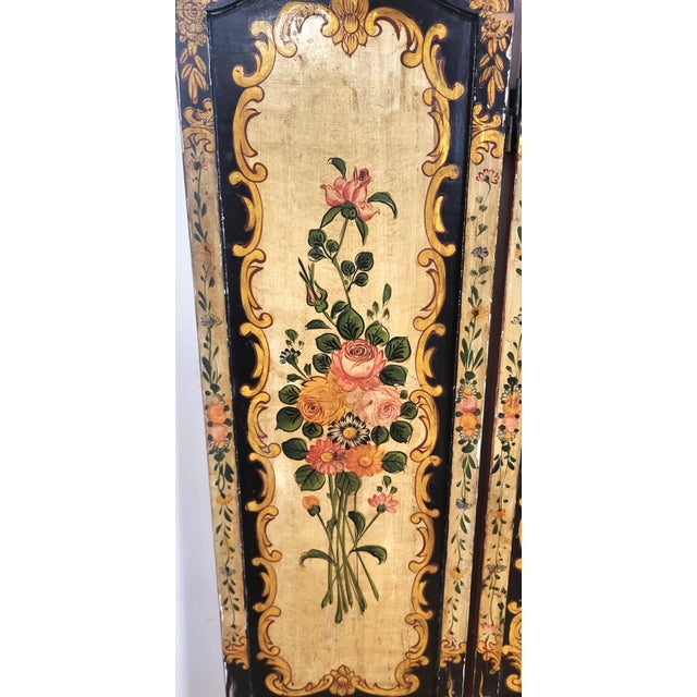 Antique Italian Floral Scarlet & Black Venetian Painted 4 Panel Folding Screen For Sale - Image 15 of 15
