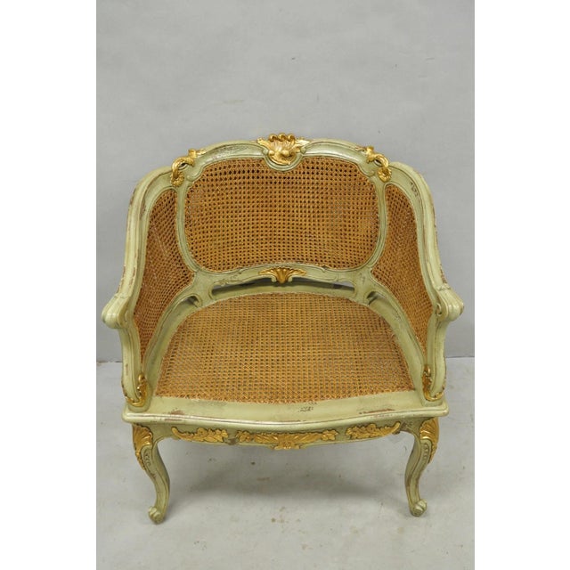 French Vintage French Louis XV Style Green Painted Gold Gilt Cane Bergere Arm Chair For Sale - Image 3 of 17