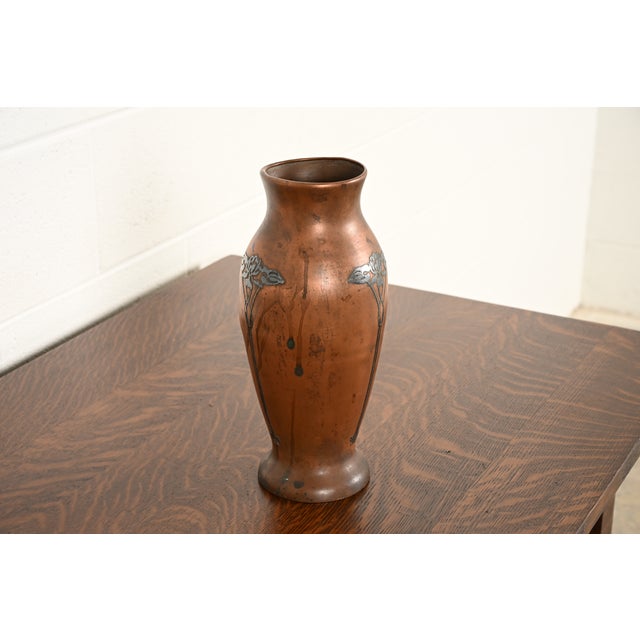 Heintz Art Metal Shop Silver Crest Arts & Crafts Sterling Silver on Bronze Tall Vase For Sale - Image 4 of 16