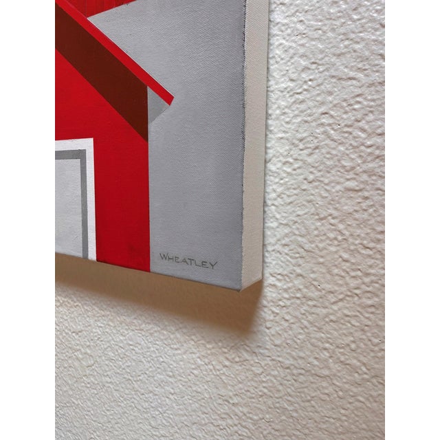 Contemporary Still the Heartland by Justin Wheatley | Acrylic on Canvas Red Barn With Blue Sky For Sale - Image 3 of 10