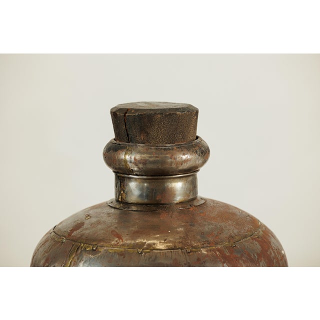Vintage Indian Handcrafted Metal Water Vessel with Wooden Stopper For Sale - Image 18 of 18