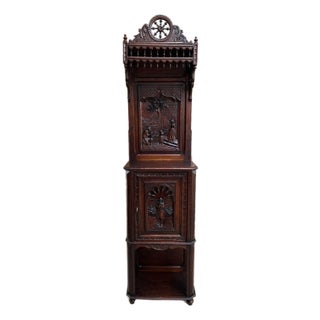 Antique French Breton Hall Cabinet Tall Narrow Carved Crown Bookcase C1880 For Sale