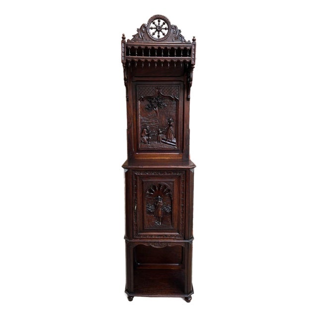 Antique French Breton Hall Cabinet Tall Narrow Carved Crown Bookcase C1880 For Sale