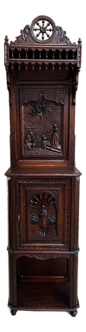 Antique French Breton Hall Cabinet Tall Narrow Carved Crown Bookcase C1880