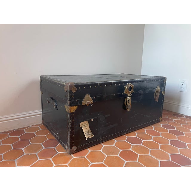 American Antique Black Cabin-Size Steamer Trunk With Brass Hardware For Sale - Image 3 of 8