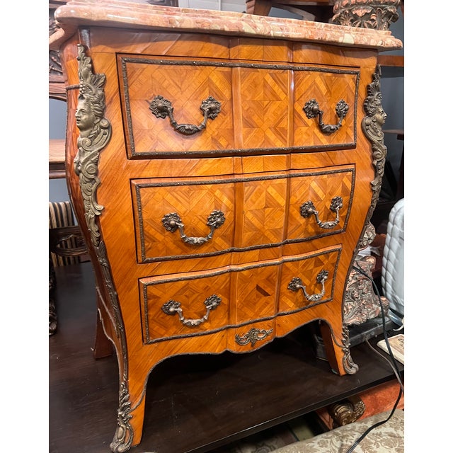 Pair of Red Marble-Top Parquetry Petite Commodes Nightstands For Sale - Image 14 of 15
