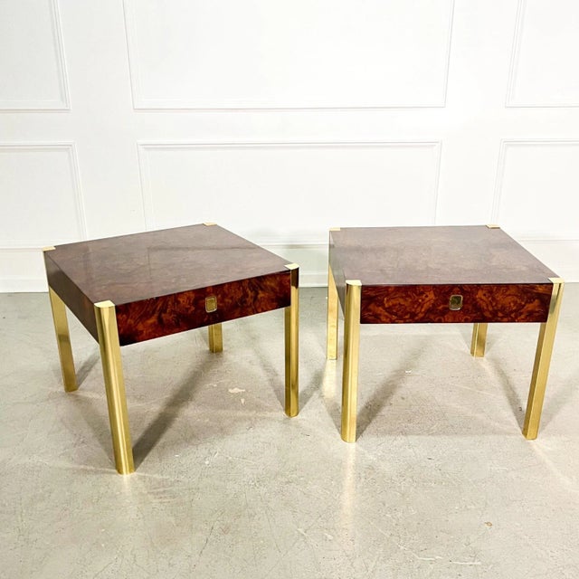 Traditional 70's Regency Burl and Brass Century Side Tables - A Pair For Sale - Image 3 of 9