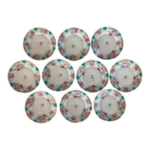 Antique Porcelain Small Plates With Pink Roses and Gold Applique - Set of 10