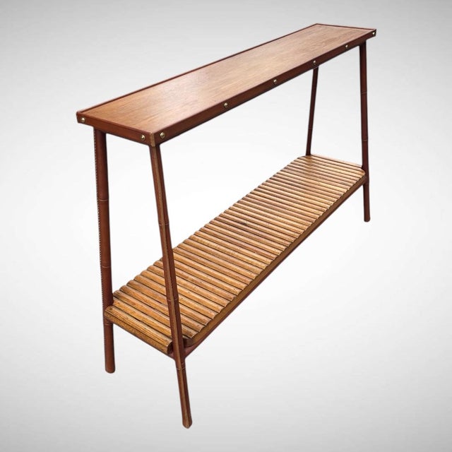 Vintage Stitched Leather and Oak Shelf by Jacques Adnet, 1950s For Sale - Image 4 of 15