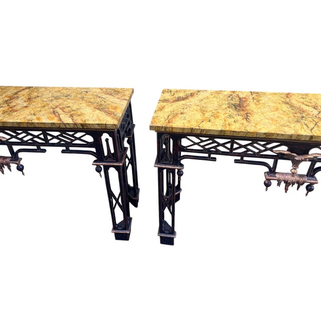 Beautifully designed and painted Chinese Chippendale style faux marble top wooden consoles or sofa tables. Black wooden...