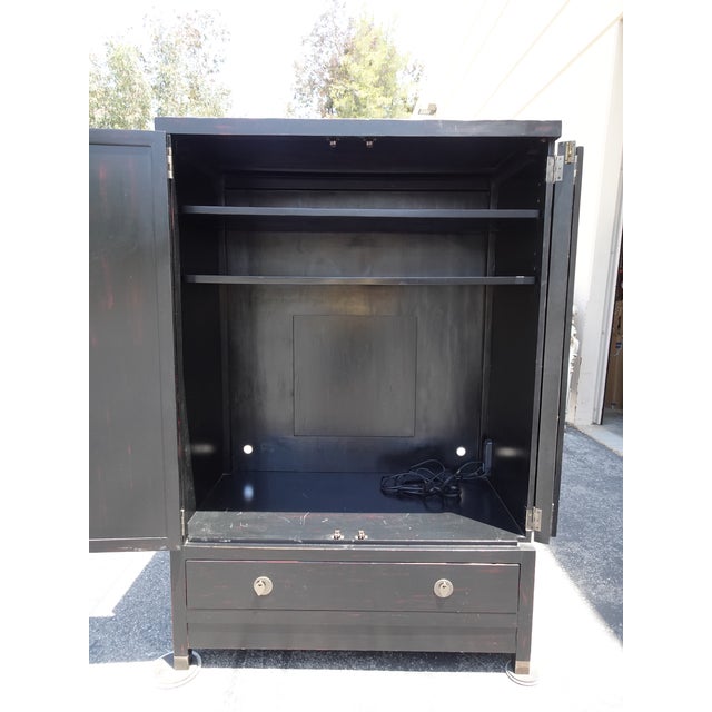 Black Vintage Asian Baker Furniture Black Lacquer Entertainment Storage Cabinet Armoir For Sale - Image 8 of 13